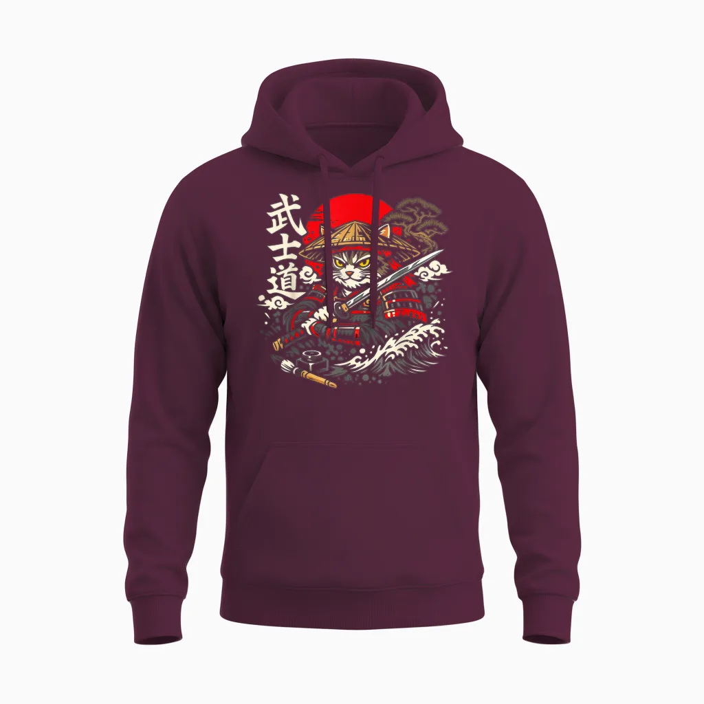 Chat Samouraï Avec Katana Sous Le Soleil Style Bushido Unisex Hoodie in Maroon