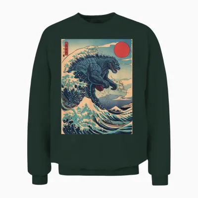 Kaiju Monster Japanese Style Art Great Wave off Kanagawa Unisex Sweatshirt - Forest