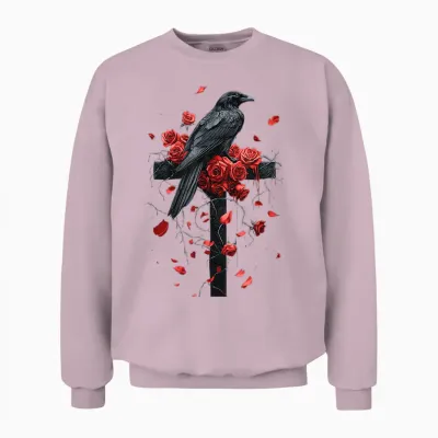 Raven with Roses on Cross Gothic T-Shirt, Black, S Unisex Sweatshirt - Light Pink