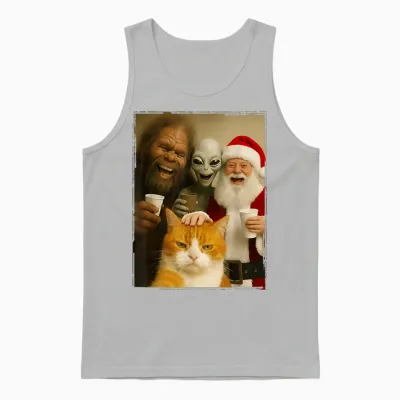 Cat Selfie with Bigfoot, Alien & Santa, Funny Christmas Unisex Tank Top - Ash