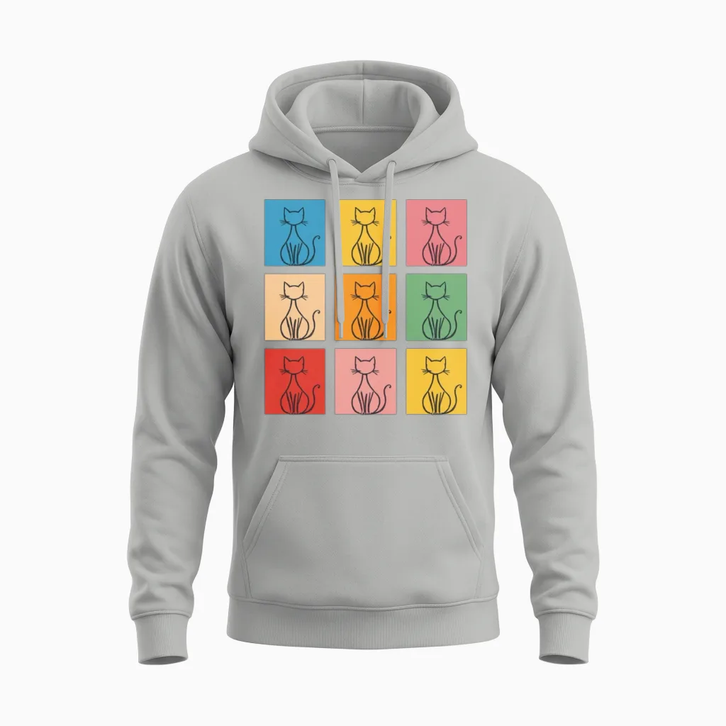 Colorful Cat Line Art Grid Lovers Unisex Hoodie in Ash