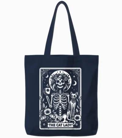 Tarot Card the Cat Lady Skeleton Cats Mum Tarot Cards T-Shirt, Black Tote Bags - Navy