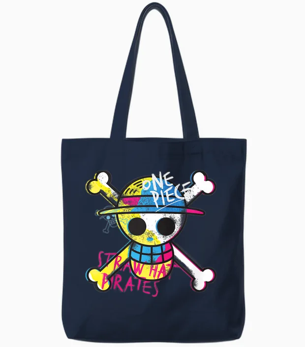 Kids One Piece Straw Hat Pirates Logo Colorful Monkey D Luffy Kids T-Shirt, Blue, 2 Tote Bags in Navy