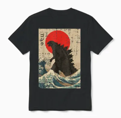 Japanese Kaiju Wave Red Sun Japan Monster Men Women Unisex T-Shirt - Black