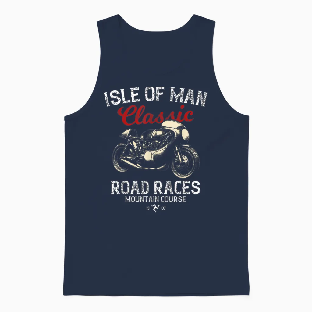 Retro Isle of Man Tt Races Vintage Motorcycle Race T-Shirt, Black, S Unisex Tank Top in Navy