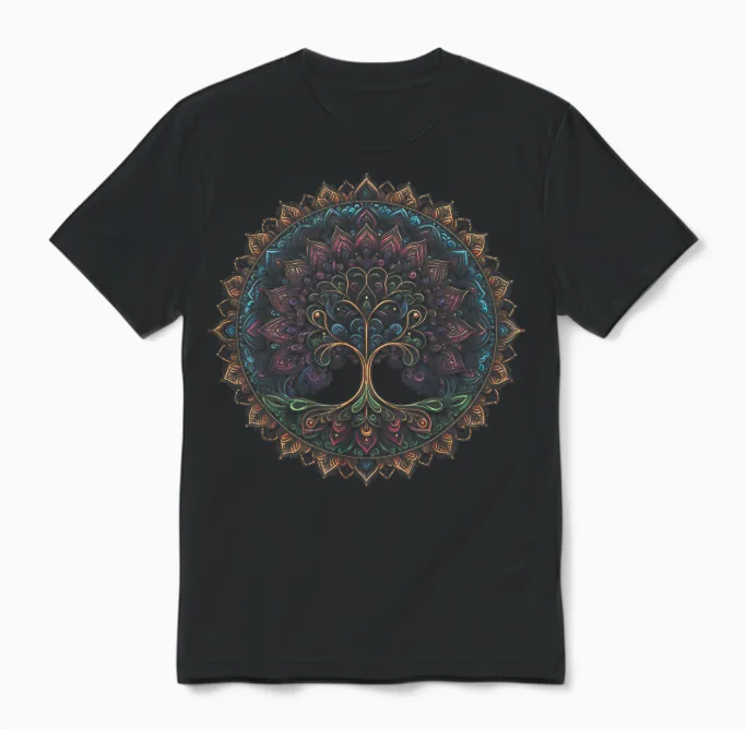Cool Tree of Life Symbol in Mandala Style Art Man Woman T-Shirt, Black, S Unisex T-Shirt in Black