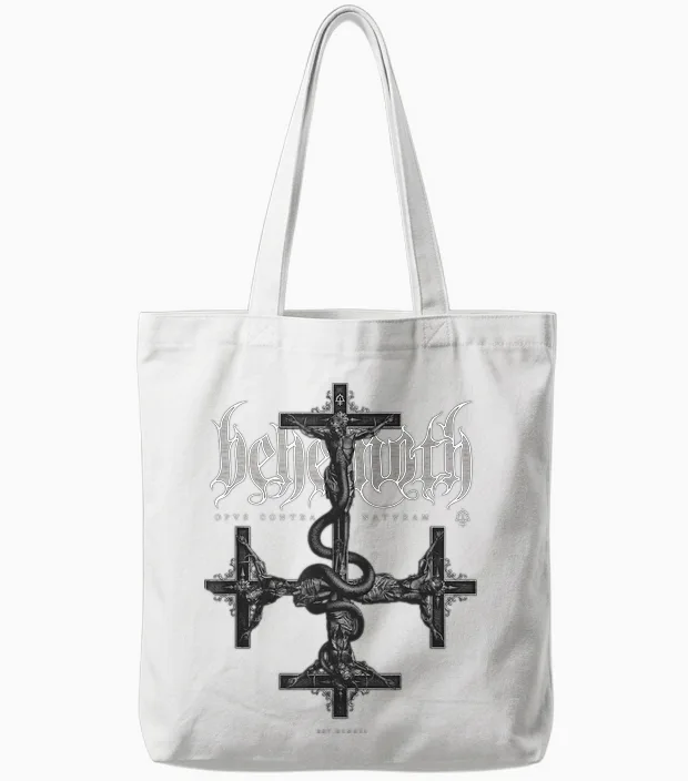 Behemoth Opus Grey Cross T-Shirt, Black Tote Bags in White