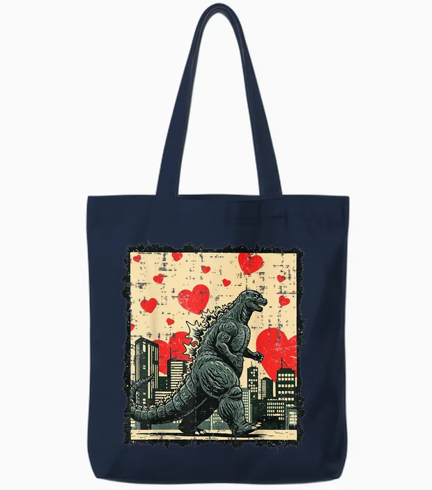 Valentines Day Japanese Monster Hearts Kaiju Men Women Tote Bags in Navy