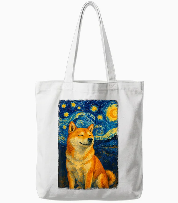 Shiba Inu Under Starry Sky Art Dog Aesthetic Tote Bags in White