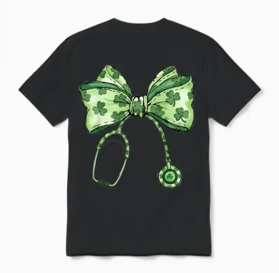 Saint Patrick's Day Nurse Shamrock Bow Stethoscope Women Unisex T-Shirt - Black