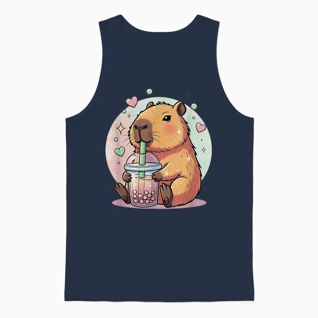 Kawaii Capybara Girls Boba Tea Anime Capibara Lover Cute Unisex Tank Top in Navy