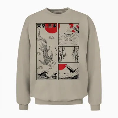 Japanese Koi Fish the Great Wave off Kanagawa Kanji (back) T-Shirt, Gray Unisex Sweatshirt - Sand