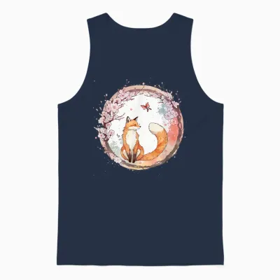 Kawaii Japanese Fox Butterfly Cherry Blossom T-Shirt, Black Unisex Tank Top - Navy