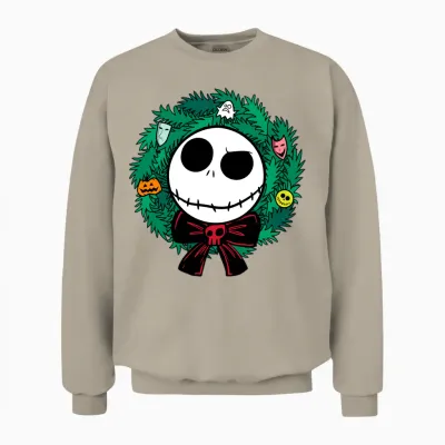 Amazon Essentials Nightmare Before Christmas Jack Festive Holiday Wreath Unisex Sweatshirt - Sand