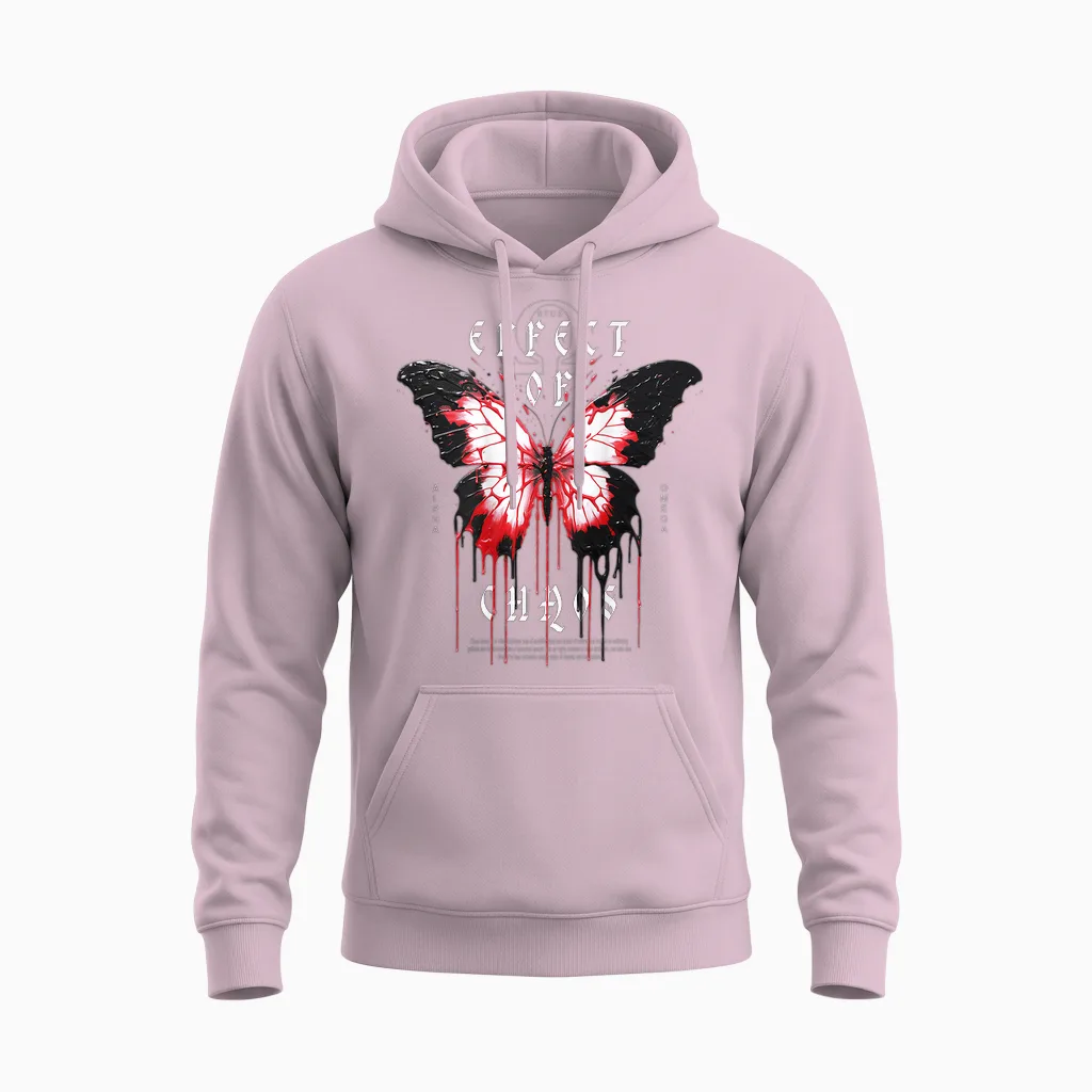 Y2k Hip Hop Backprint Streetwear Chaos Effect Butterfly T-Shirt, Black Unisex Hoodie in Light Pink