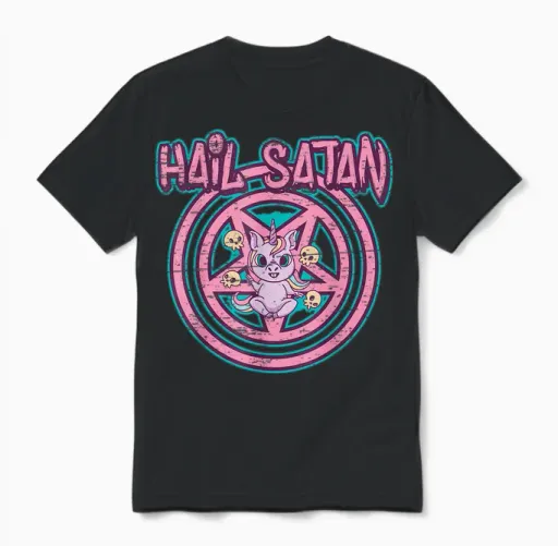 Hail Satan Death Metal Unicorn Black Dark Rock Death Metal T-Shirt, Black Unisex T-Shirt in Black
