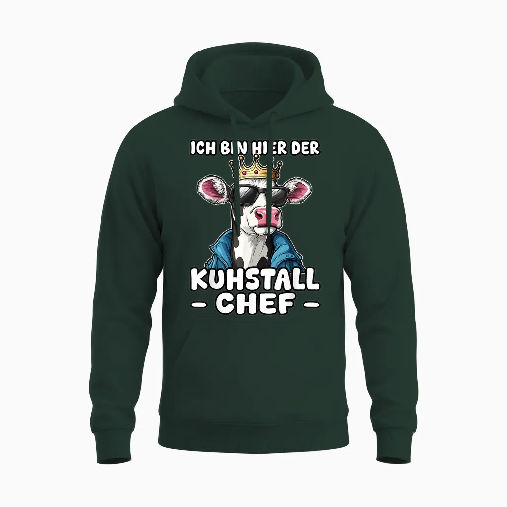 T-Shirt with German Text "kuhstall Chef | Leadership Farmers Dairy Farmers, Black, S Unisex Hoodie in Forest
