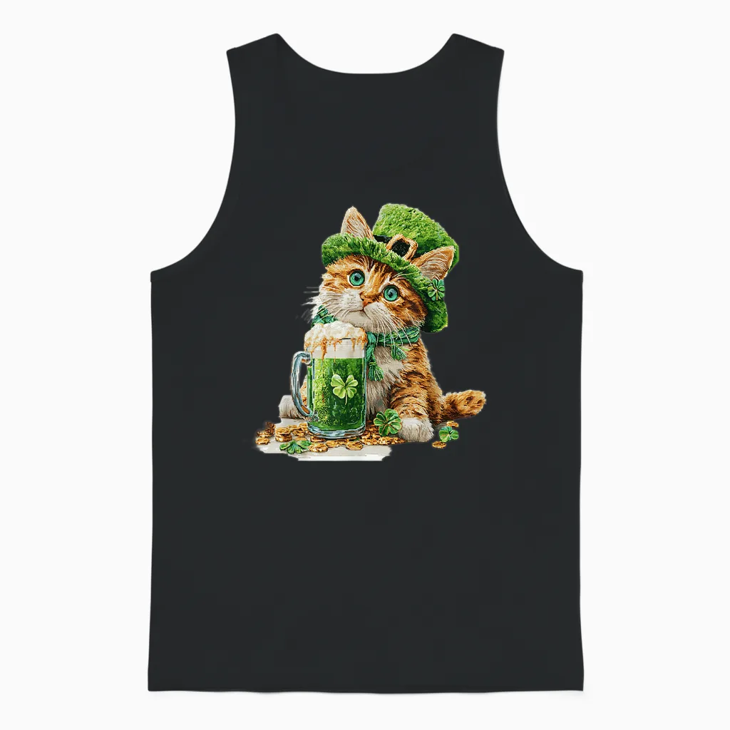 St. Patrick's Day Cat, Kitten Lover, Kids Boys Unisex Tank Top in Black