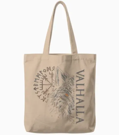 Valhalla Wolf Viking Compass with Odin Runes T-Shirt, Black, S Tote Bags - Natural