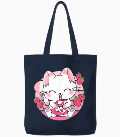 Süße Japanische Anime Kawaii Erdbeermilch Katze Manga Otaku Tote Bags - Navy