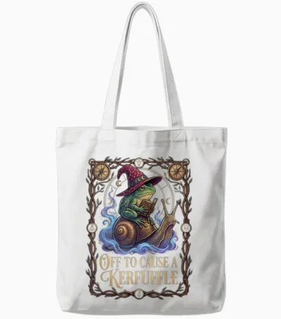 Off to Cause a Kerfuffle Witchy Frog Wizard Snail Meme Humor Tote Bags - White