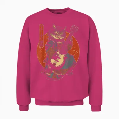 Japanese Samurai Cat Playing Electric Guitar T-Shirt, Black, S Unisex Sweatshirt - Heliconia