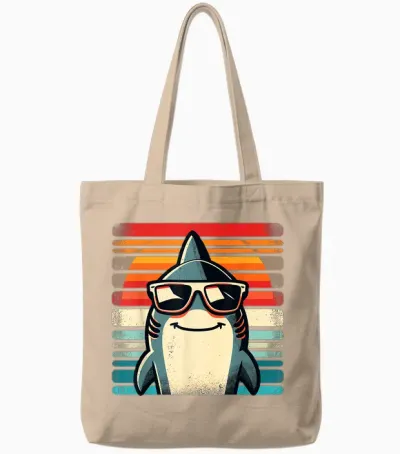 Cool Retro Shark in Sunglasses 70s 80s 90s Funny Shark T-Shirt, Black Tote Bags - Natural