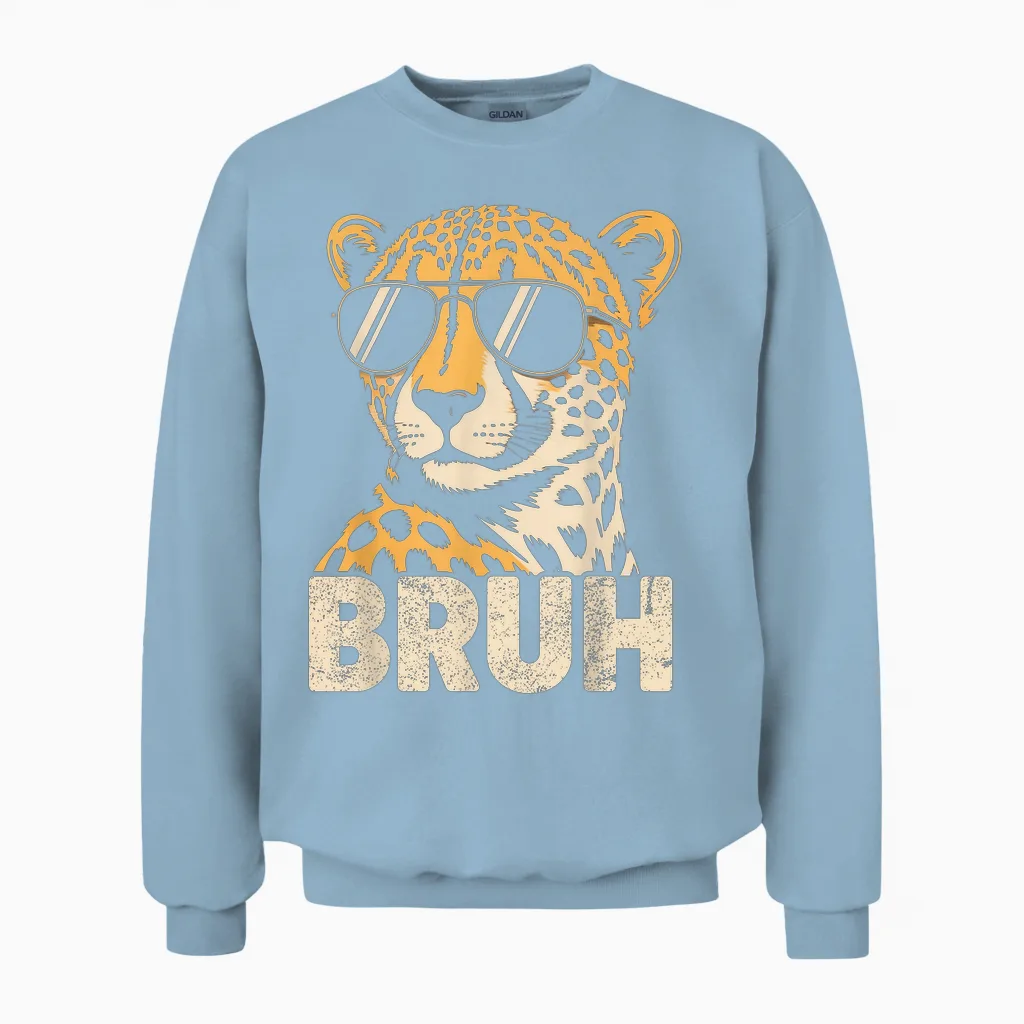 Bruh Cheetah Meme Graphic Tee Men Boys Animal Print Unisex Sweatshirt in Light Blue