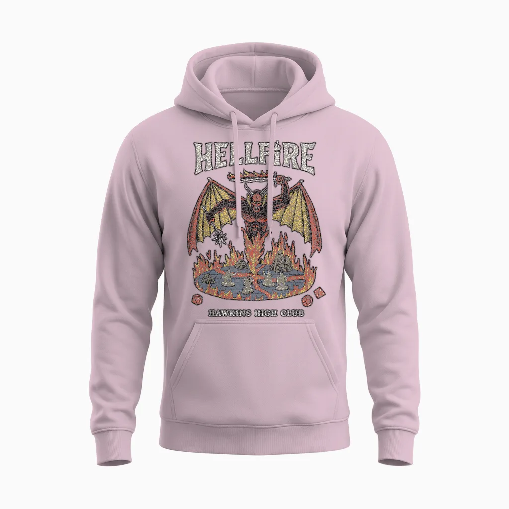 Stranger Things Vintage Hawkins High Hellfire T-Shirt, Black, S Unisex Hoodie in Light Pink