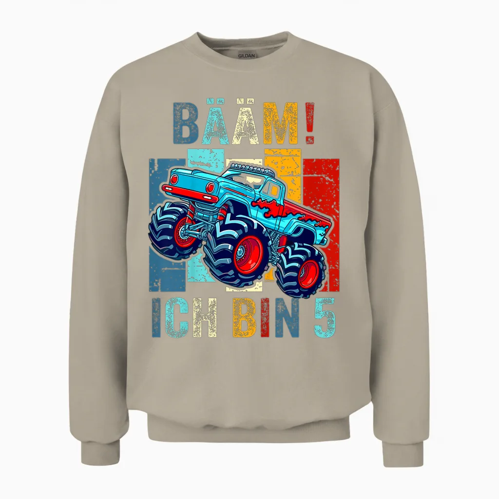 Children's T-Shirt 5 Years Boy Birthday Five Monster Truck BΓ€m I Am 5, Black Unisex Sweatshirt in Sand
