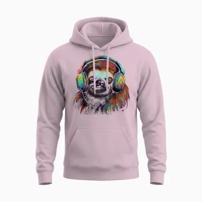 Faultier Kunstwerk Musik Bunte Tier Kopfhörer Faultier Unisex Hoodie - Light Pink