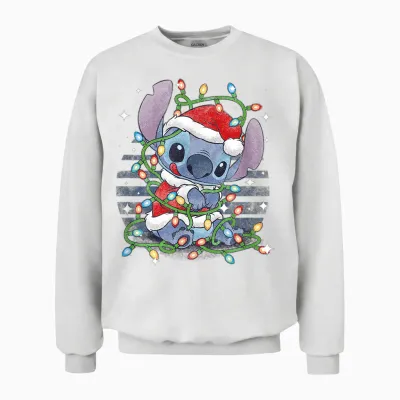 Disney Lilo & Stitch Christmas Tangled Lights Portrait Unisex Sweatshirt - White