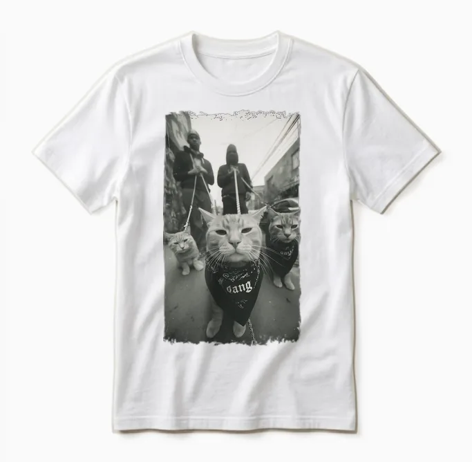 Gangster Cats Streetwear Cool Funny Cat Pattern Unisex T-Shirt in White