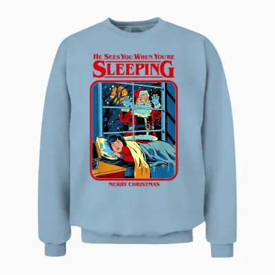 Steven Rhodes Santa Claus Sees You Retro Dark Humor Unisex Sweatshirt - Light Blue