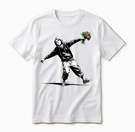 Banksy Protester Throwing Flowers Unisex T-Shirt in White