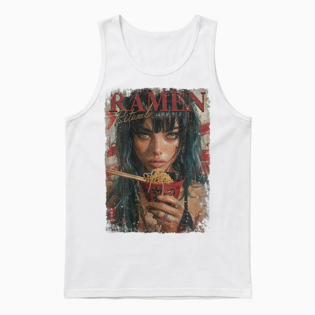 Backprint Pin-Up Girl Ramen Noodle Anime Manga Asian Ramen T-Shirt, Black Unisex Tank Top in White