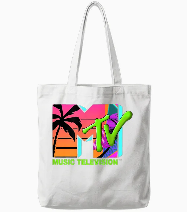 The Official Mtv Logo with Retro Palms in Paradise Tote Bags in White