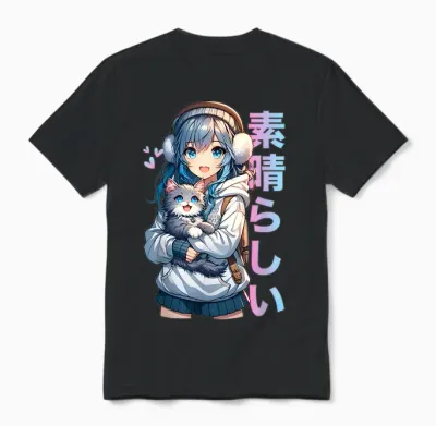 Cute Anime Girl with Cat for Cat Lover Kawaii Otaku Manga T-Shirt, Black Unisex T-Shirt - Black