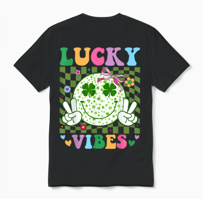 Groovy St Patricks Day Lucky Vibes Shamrock Women Girls Unisex T-Shirt in Black