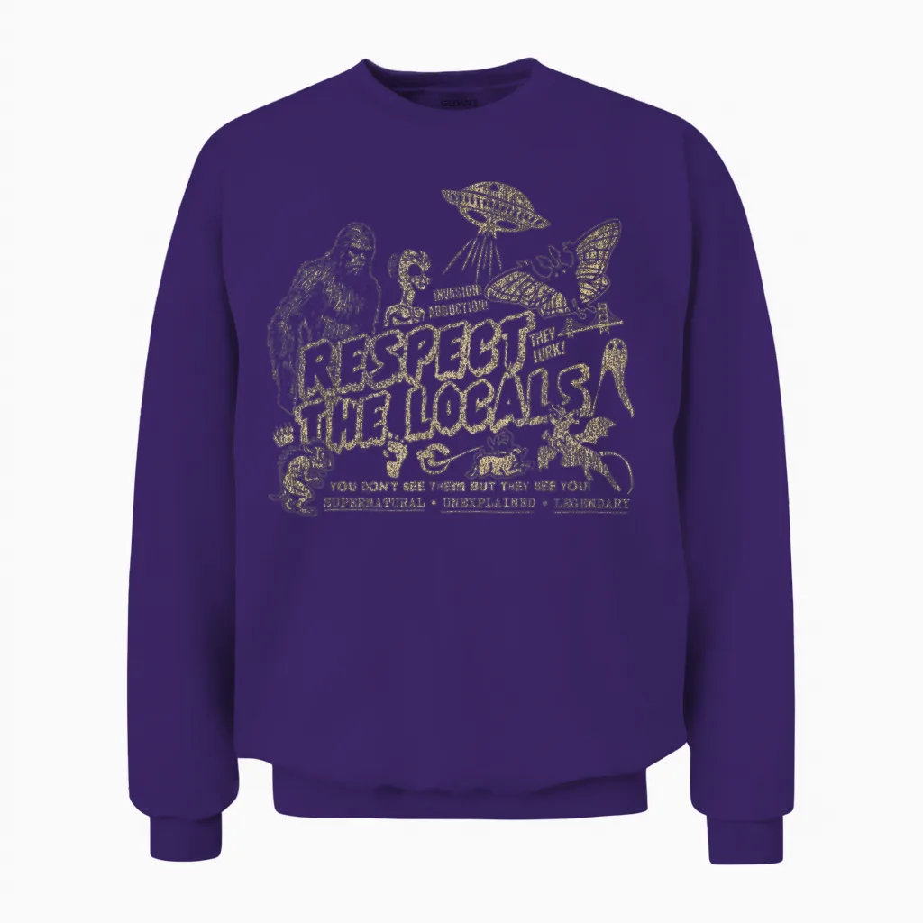 Respect the Locals Cryptids Folklure Funny Bigfoot Alien Unisex Sweatshirt in Purple