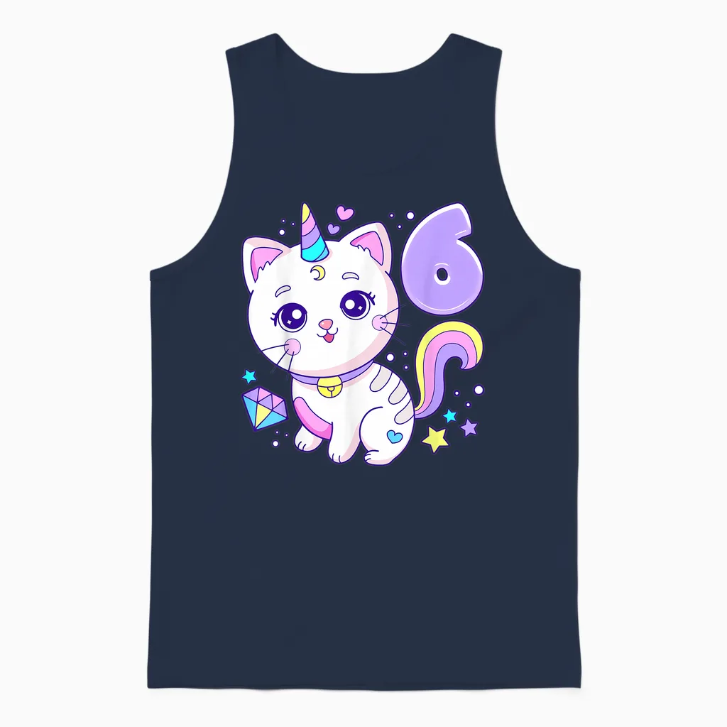 Geburtstag Mädchen 6 Jahre, Katze, Einhorn, 6. Geburtstag Unisex Tank Top in Navy
