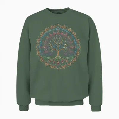 Cool Tree of Life Symbol in Mandala Style Art Man Woman T-Shirt, Black, S Unisex Sweatshirt - Military Green