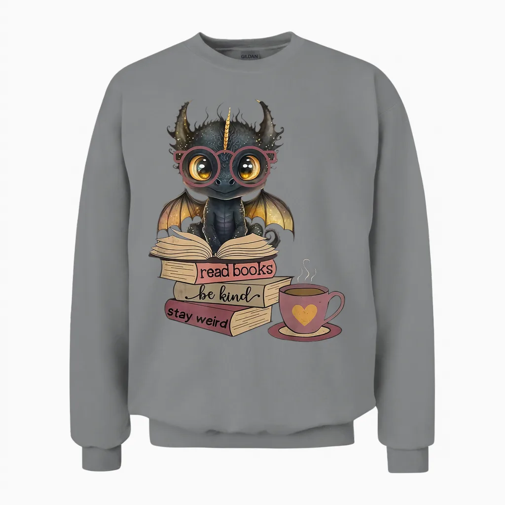 Funny Dragon Read Books Be Kind Stay Weird Book Lover Unisex Sweatshirt in Sport Grey