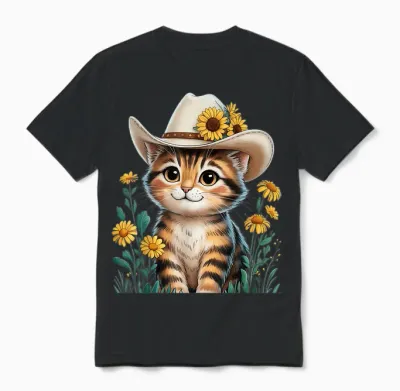 Adorable Cartoon Cat in Cowboy Hat with Rustic Sunflowers Unisex T-Shirt - Black