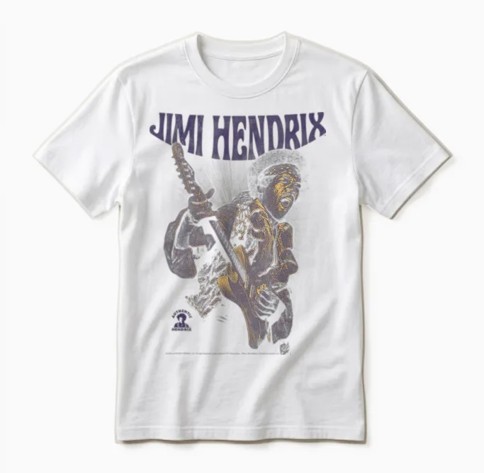 Ripple Junction X Jimi Hendrix Playing Guitar Purple Yellow T-Shirt, Black, S Unisex T-Shirt in White