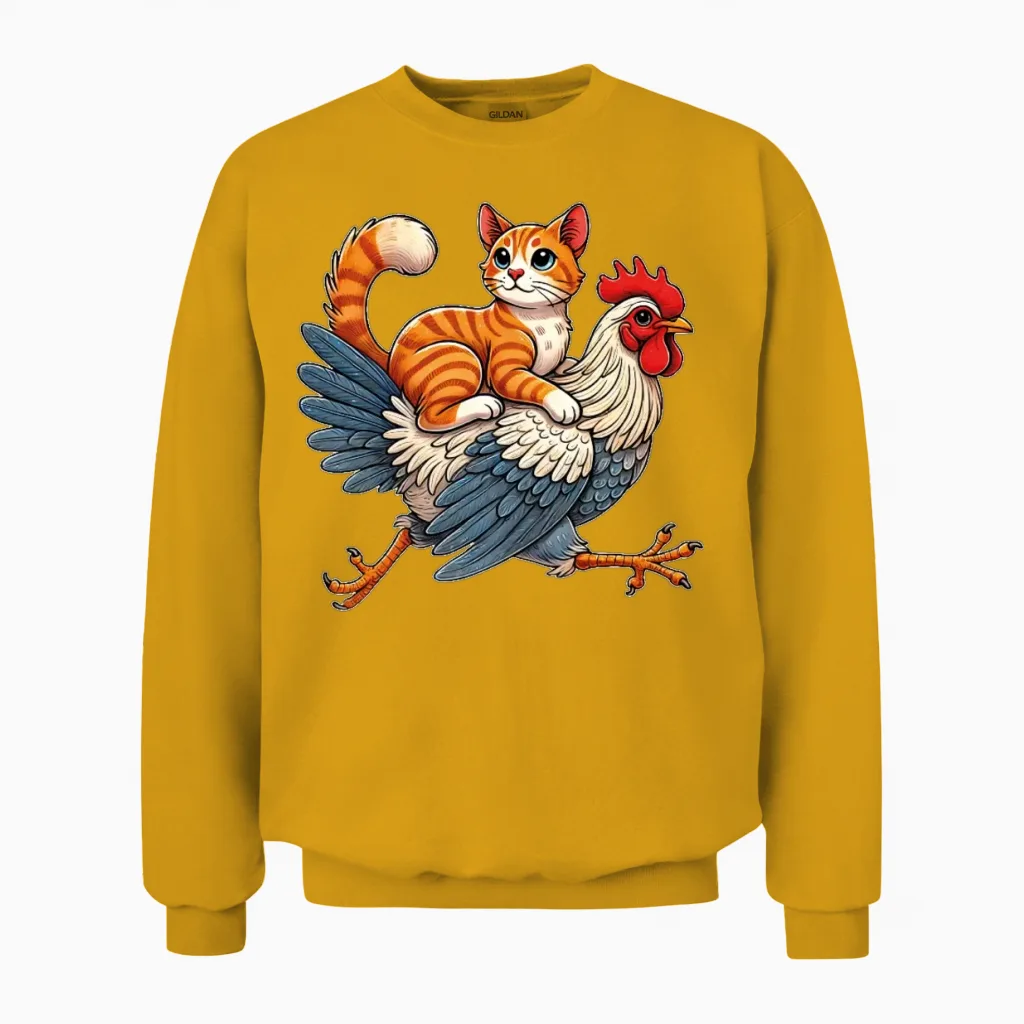 Funny Cat Riding a Chicken Whimsical Cat Unisex Sweatshirt in Gold