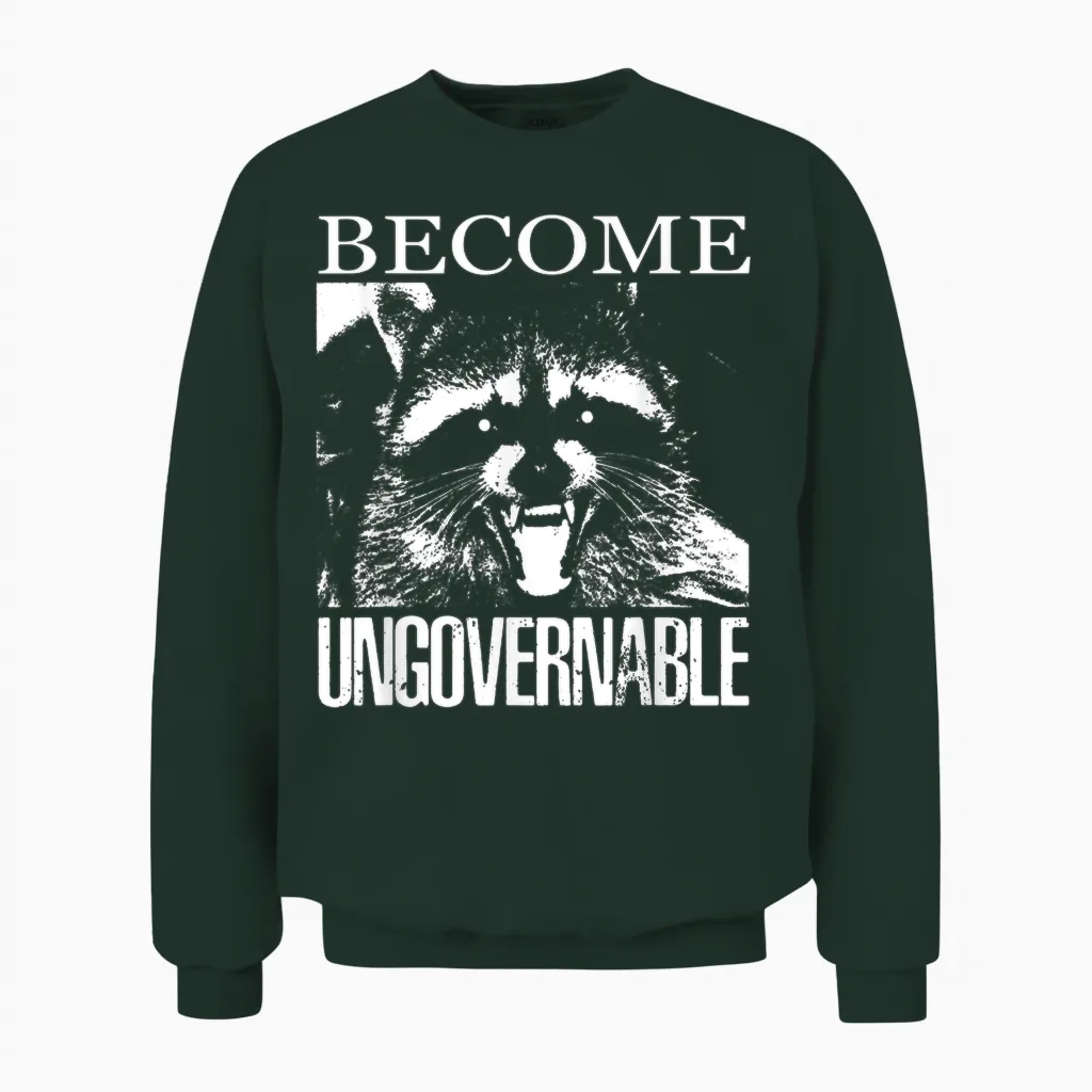 Funny Raccoon T-Shirt Become Ungovernable Raccoon Unisex Sweatshirt in Forest