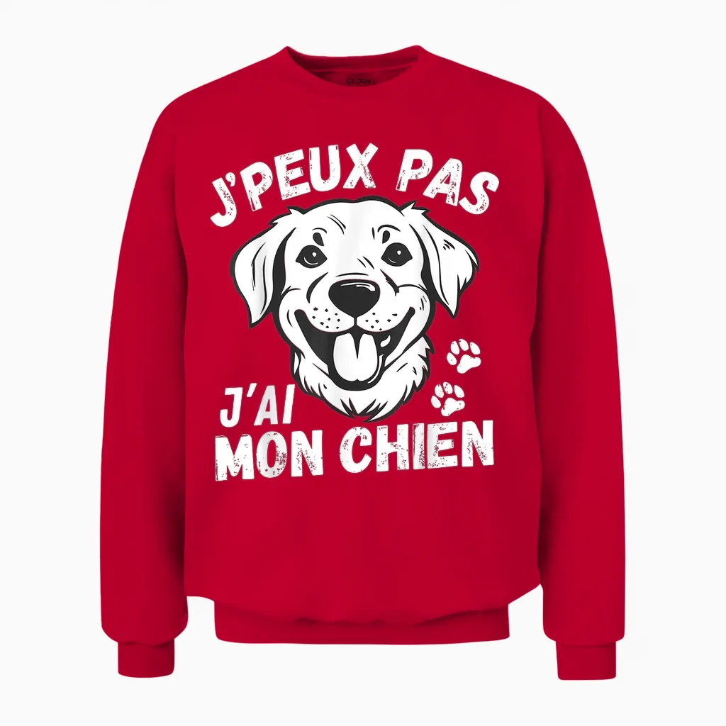 Je Peux Pas Je Ai Mon Chien Humour Man Woman Motif Dog T-Shirt, Black, S Unisex Sweatshirt in Red