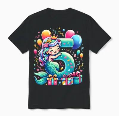 Kids Mermaid Theme 5th Birthday Party 5th Mermaid Birthday T-Shirt, Black Unisex T-Shirt - Black