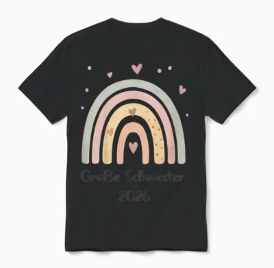 Children's Big Sister 2026 Rainbow Heart Motif Unisex T-Shirt - Black
